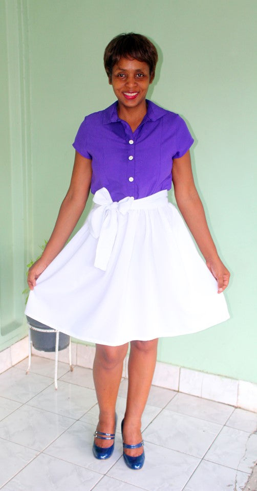collared shirt dress Striped cotton linen short sleeve shirt dress - LightBlue
